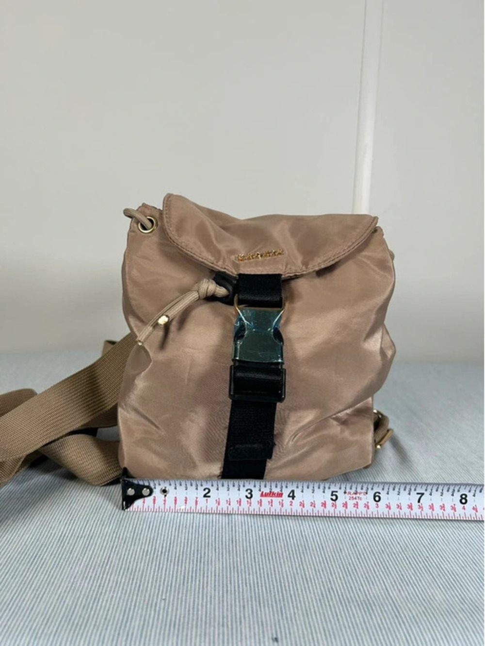 Kedzie Mini Backpack Tan Taupe Nylon Buckle Flap Drawstring Purse - Picture 2 of 7